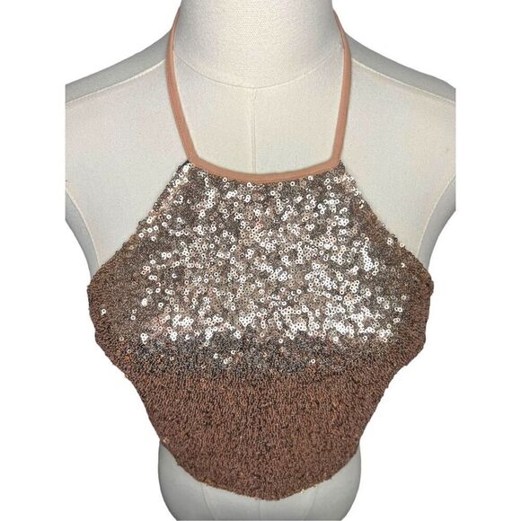 Bear Dance Women’s Large Rose Gold Sequin Halter Crop Top Sexy Clubwear - Picture 2 of 6